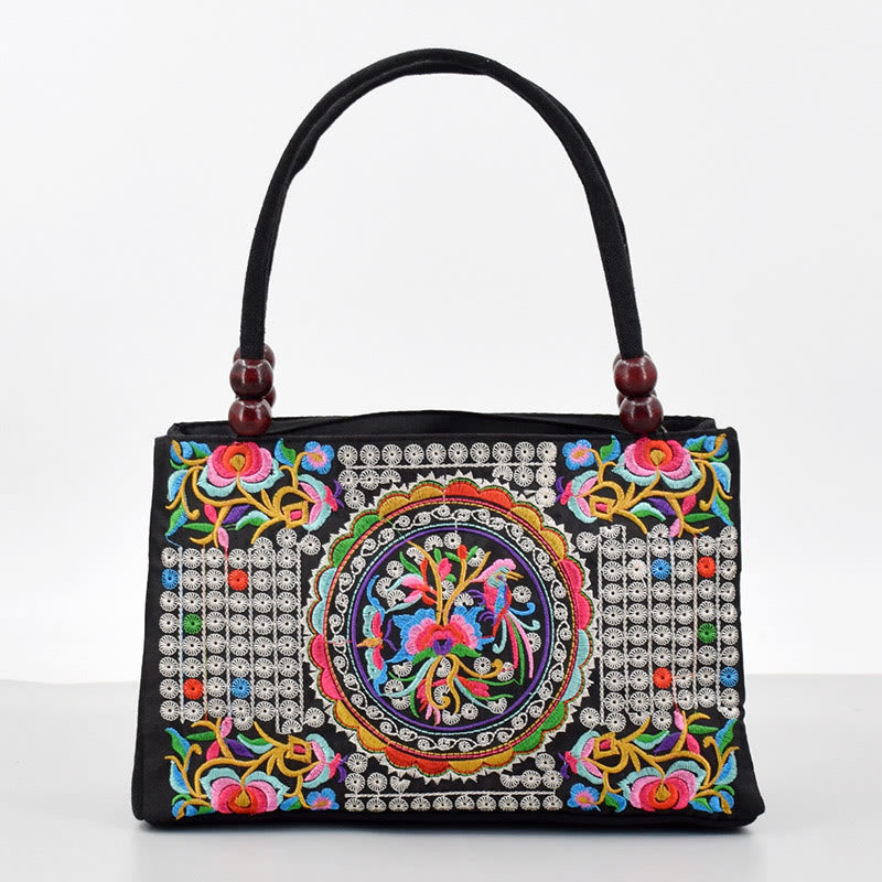 Bolso de mano de lona con bordado de doble cara, diseño de flores de peonía, pavo real y Buddha Stones, Galsang Inula