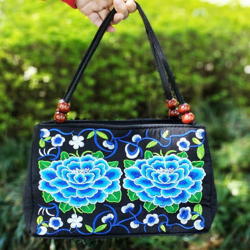 Bolso de mano de lona con bordado de doble cara, diseño de flores de peonía, pavo real y Buddha Stones, Galsang Inula