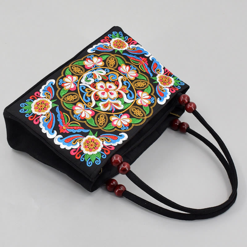 Bolso de mano de lona con bordado de doble cara, diseño de flores de peonía, pavo real y Buddha Stones, Galsang Inula