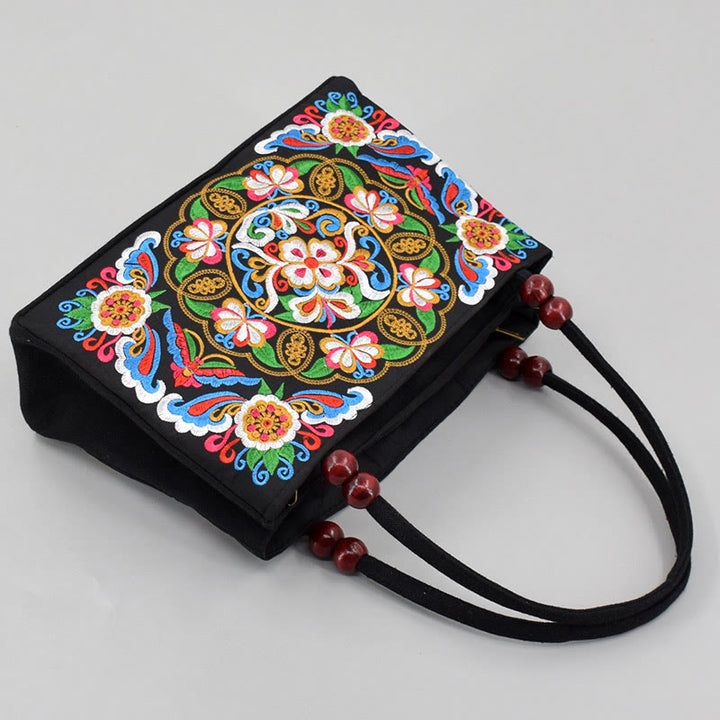 Bolso de mano de lona con bordado de doble cara, diseño de flores de peonía, pavo real y Buddha Stones, Galsang Inula
