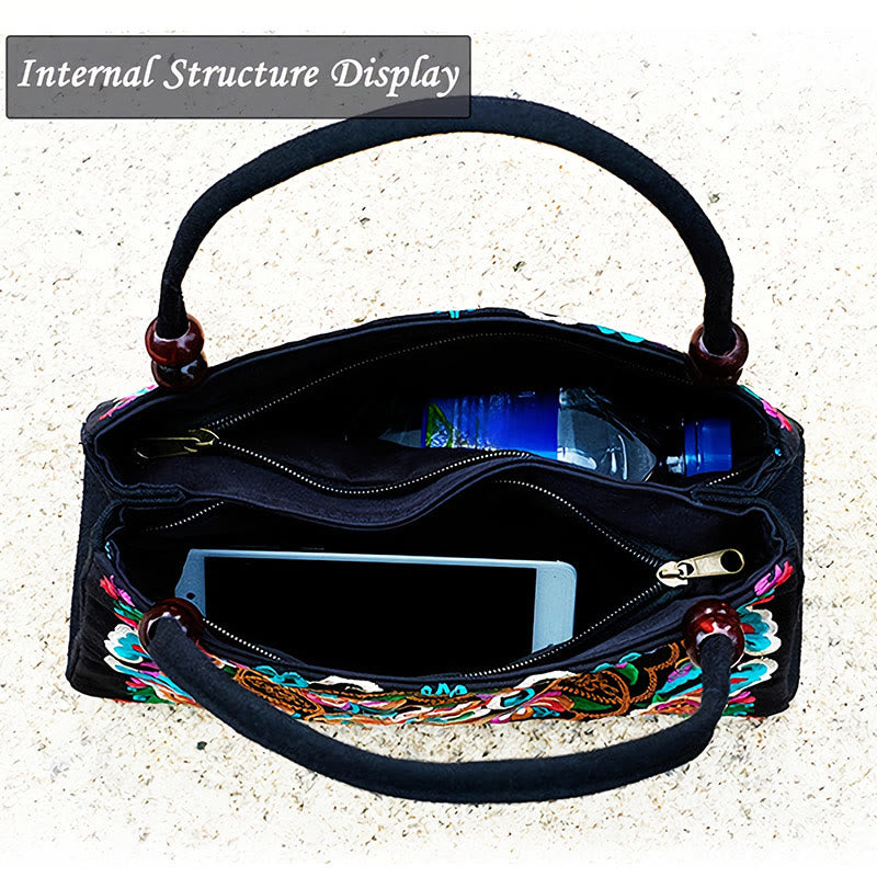 Bolso de mano de lona con bordado de doble cara, diseño de flores de peonía, pavo real y Buddha Stones, Galsang Inula