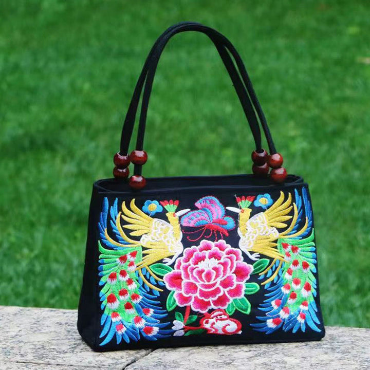 Bolso de mano de lona con bordado de doble cara, diseño de flores de peonía, pavo real y Buddha Stones, Galsang Inula