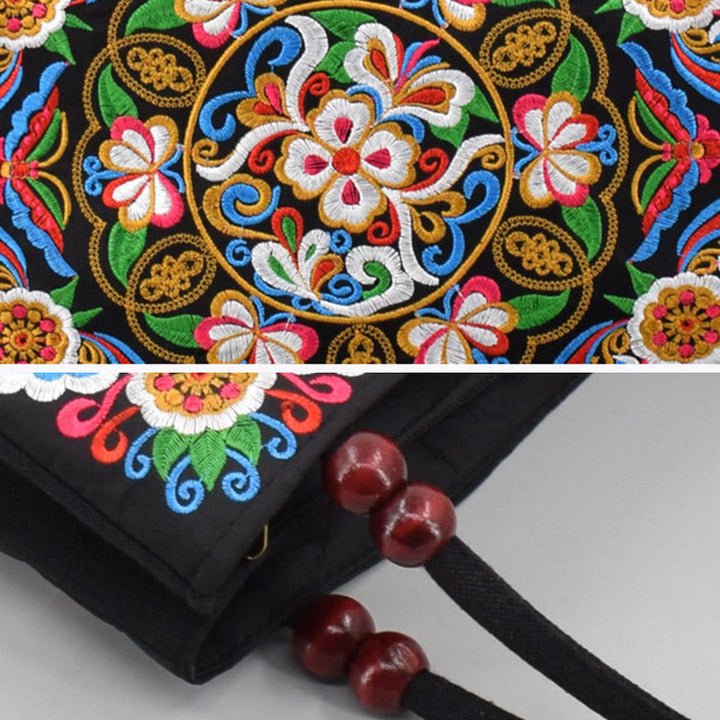 Bolso de mano de lona con bordado de doble cara, diseño de flores de peonía, pavo real y Buddha Stones, Galsang Inula