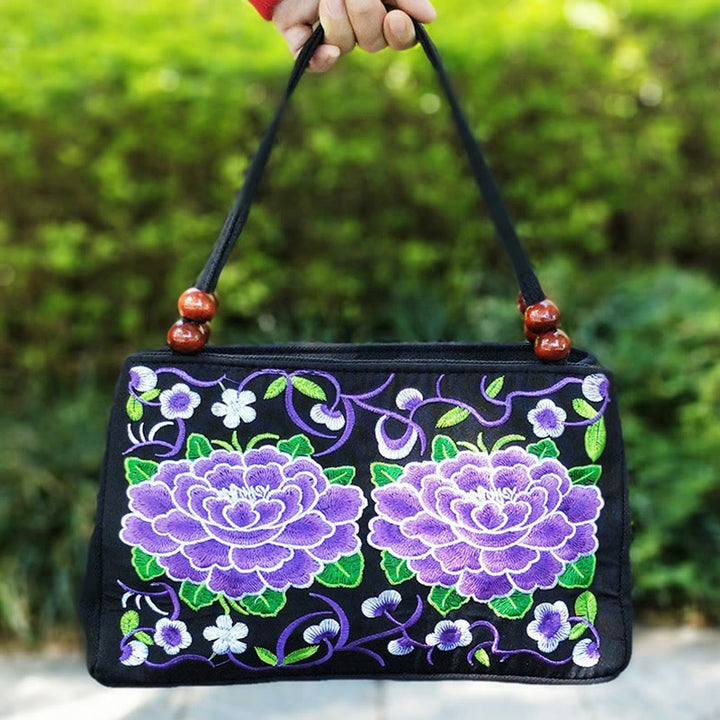 Bolso de mano de lona con bordado de doble cara, diseño de flores de peonía, pavo real y Buddha Stones, Galsang Inula
