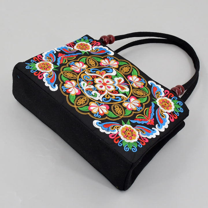 Bolso de mano de lona con bordado de doble cara, diseño de flores de peonía, pavo real y Buddha Stones, Galsang Inula