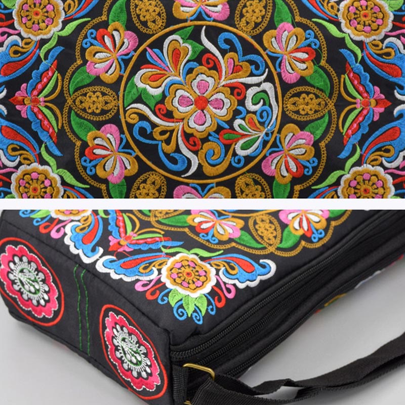 Bolso de mano tipo bandolera con bordado de doble cara de lona con diseño de flores de peonía, pavo real y piedras de Buddha Stones Galsang Inula