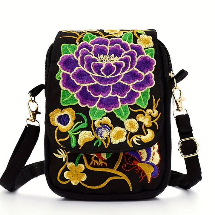 Bolso de mano de lona con bordado de peonías y flores de inula con Buddha Stones