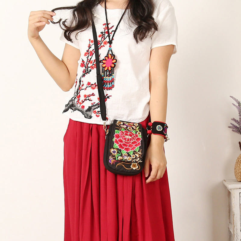 Bolso de mano de lona con bordado de peonías y flores de inula con Buddha Stones