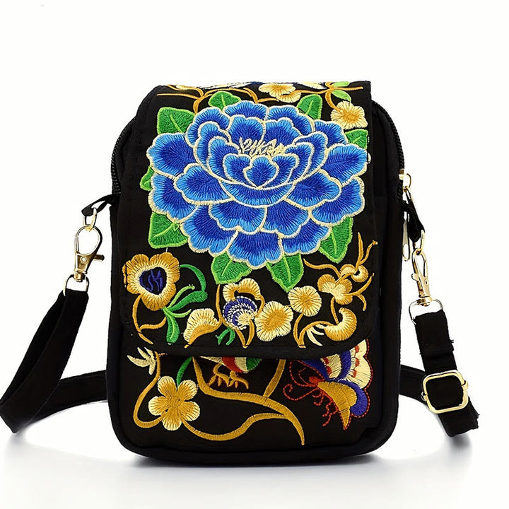 Bolso de mano de lona con bordado de peonías y flores de inula con Buddha Stones