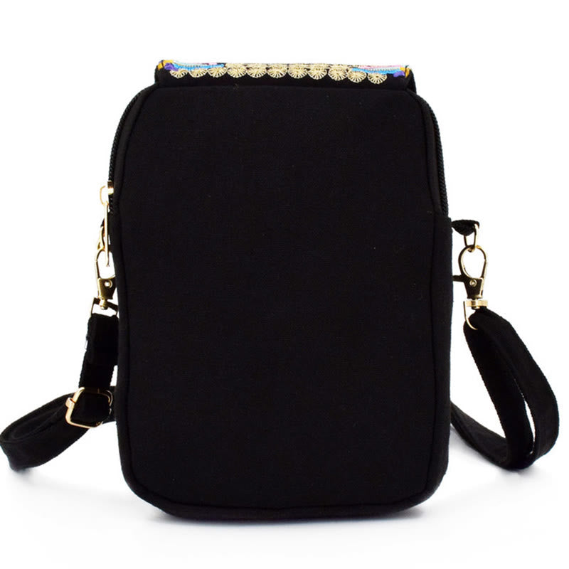 Bolso de mano de lona con bordado de peonías y flores de inula con Buddha Stones