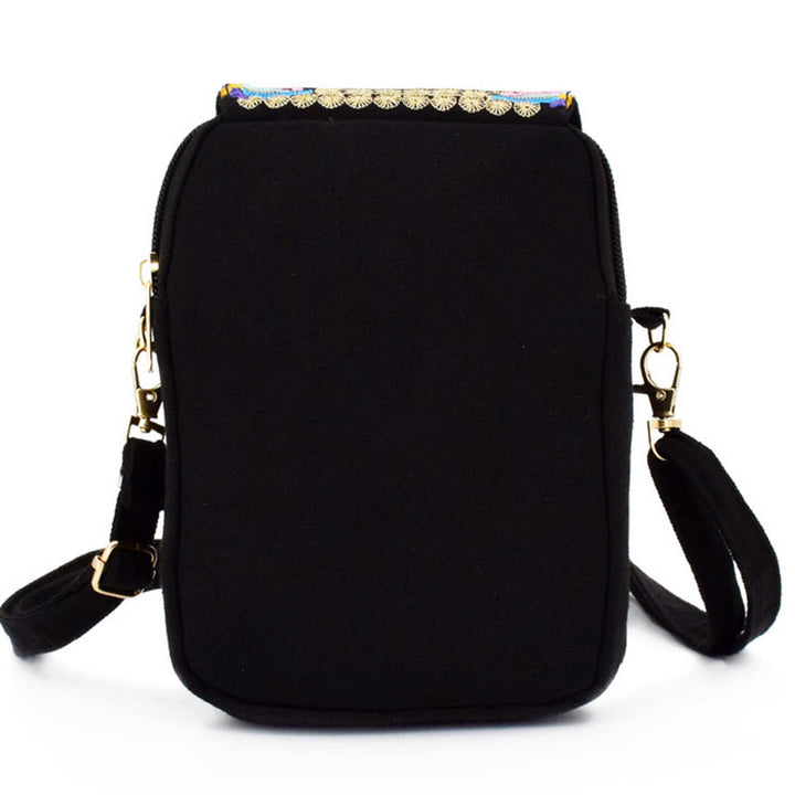 Bolso de mano de lona con bordado de peonías y flores de inula con Buddha Stones