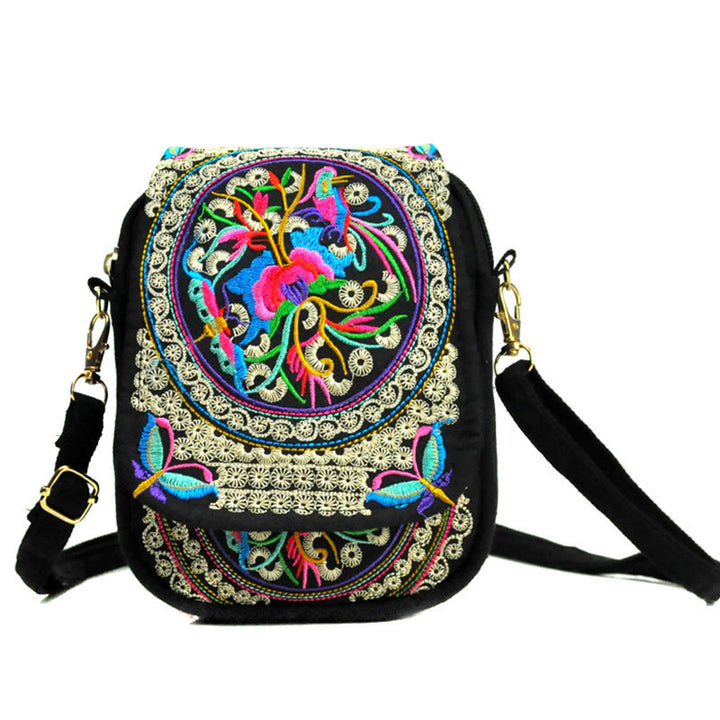 Bolso de mano de lona con bordado de peonías y flores de inula con Buddha Stones