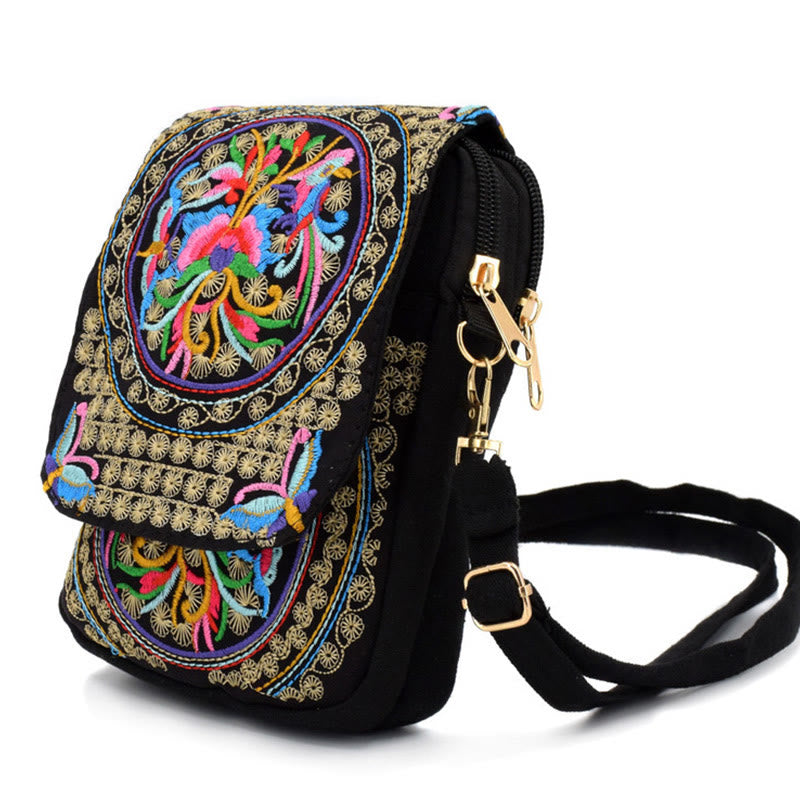 Bolso de mano de lona con bordado de peonías y flores de inula con Buddha Stones