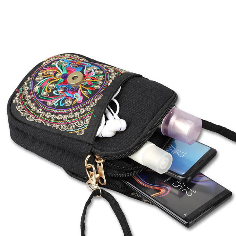 Bolso de mano de lona con bordado de peonías y flores de inula con Buddha Stones