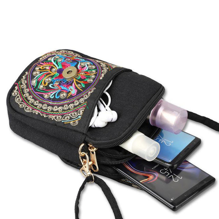 Bolso de mano de lona con bordado de peonías y flores de inula con Buddha Stones