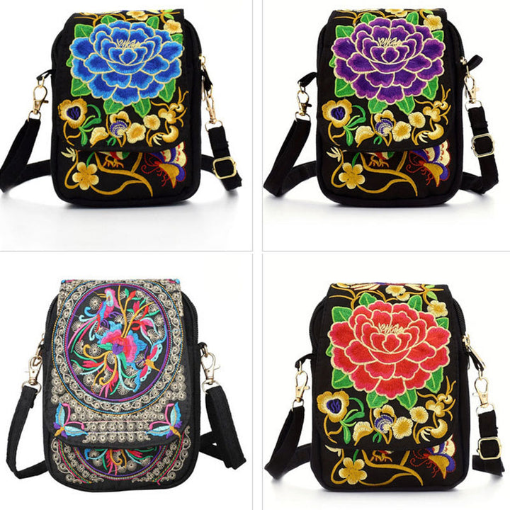Bolso de mano de lona con bordado de peonías y flores de inula con Buddha Stones