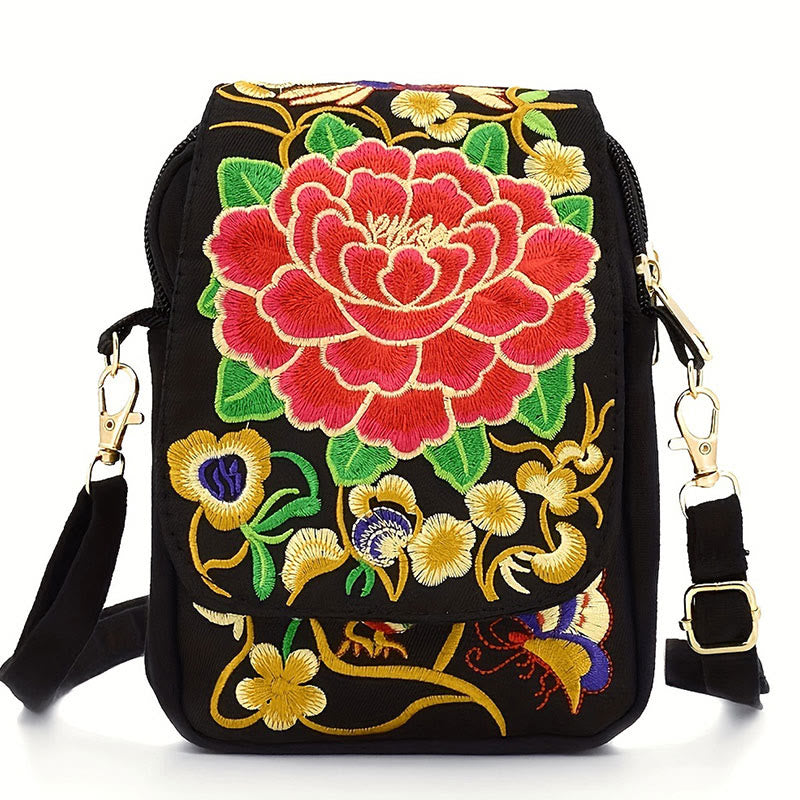 Bolso de mano de lona con bordado de peonías y flores de inula con Buddha Stones