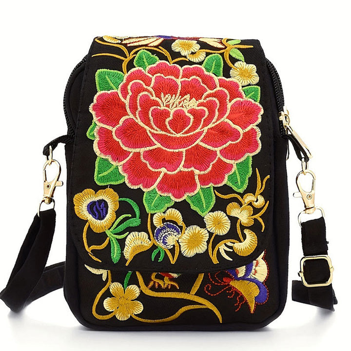 Bolso de mano de lona con bordado de peonías y flores de inula con Buddha Stones