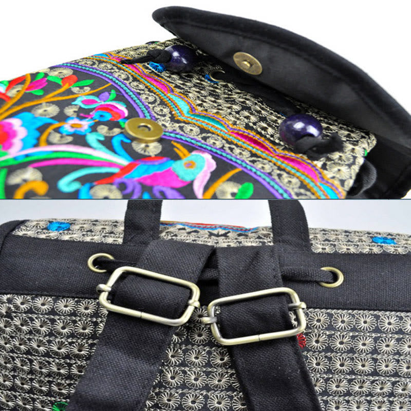 Mochila de lona con bordado de árbol de dinero chino, peonía y Buddha Stones