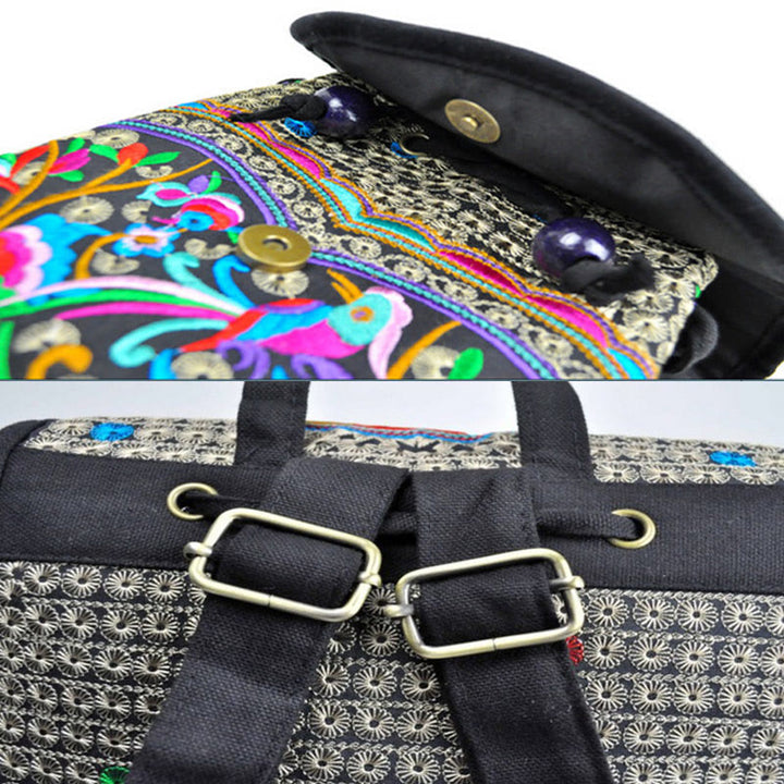 Mochila de lona con bordado de árbol de dinero chino, peonía y Buddha Stones