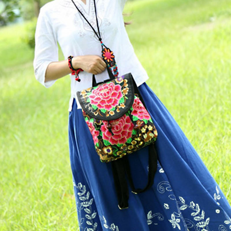 Mochila de lona con bordado de árbol de dinero chino, peonía y Buddha Stones