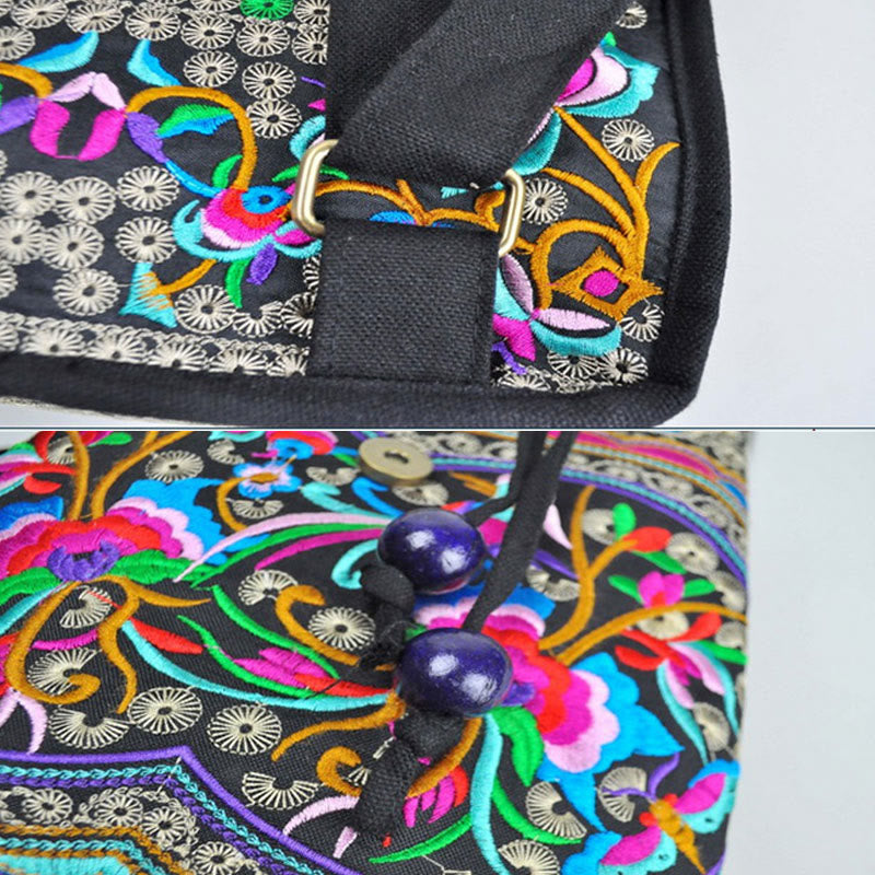 Mochila de lona con bordado de árbol de dinero chino, peonía y Buddha Stones