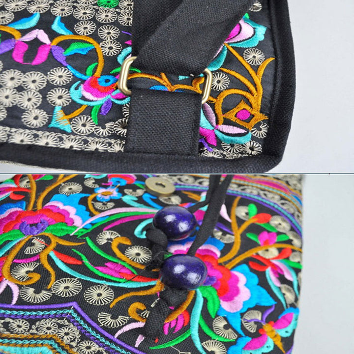 Mochila de lona con bordado de árbol de dinero chino, peonía y Buddha Stones