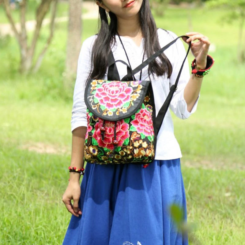 Mochila de lona con bordado de árbol de dinero chino, peonía y Buddha Stones