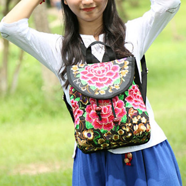 Mochila de lona con bordado de árbol de dinero chino, peonía y Buddha Stones