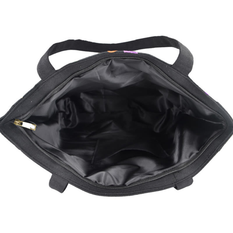 Bolso de mano de lona con bordado de peonías, camelias y crisantemos de Buddha Stones de Galsang