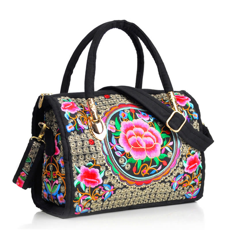 Bolso de mano tipo bandolera con bordado de doble cara de lona con diseño de árbol del dinero, peonías y camelias y piedras de Buddha Stones