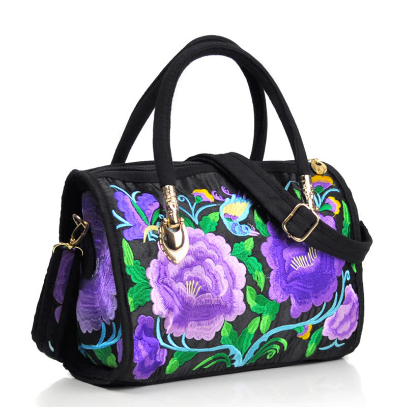 Bolso de mano tipo bandolera con bordado de doble cara de lona con diseño de árbol del dinero, peonías y camelias y piedras de Buddha Stones