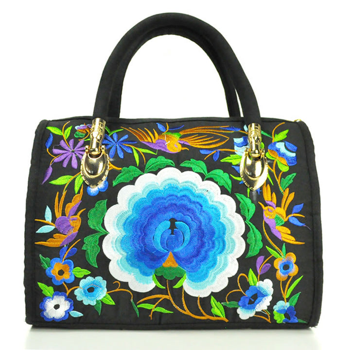 Bolso de mano tipo bandolera con bordado de doble cara de lona con diseño de árbol del dinero, peonías y camelias y piedras de Buddha Stones