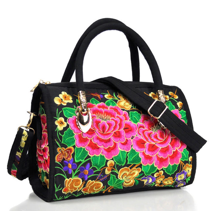Bolso de mano tipo bandolera con bordado de doble cara de lona con diseño de árbol del dinero, peonías y camelias y piedras de Buddha Stones