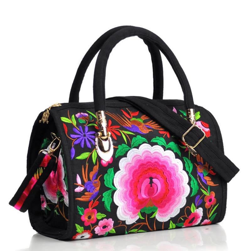 Bolso de mano tipo bandolera con bordado de doble cara de lona con diseño de árbol del dinero, peonías y camelias y piedras de Buddha Stones