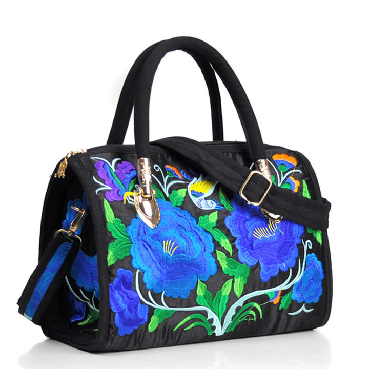 Bolso de mano tipo bandolera con bordado de doble cara de lona con diseño de árbol del dinero, peonías y camelias y piedras de Buddha Stones
