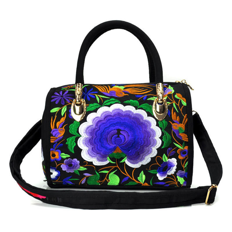 Bolso de mano tipo bandolera con bordado de doble cara de lona con diseño de árbol del dinero, peonías y camelias y piedras de Buddha Stones
