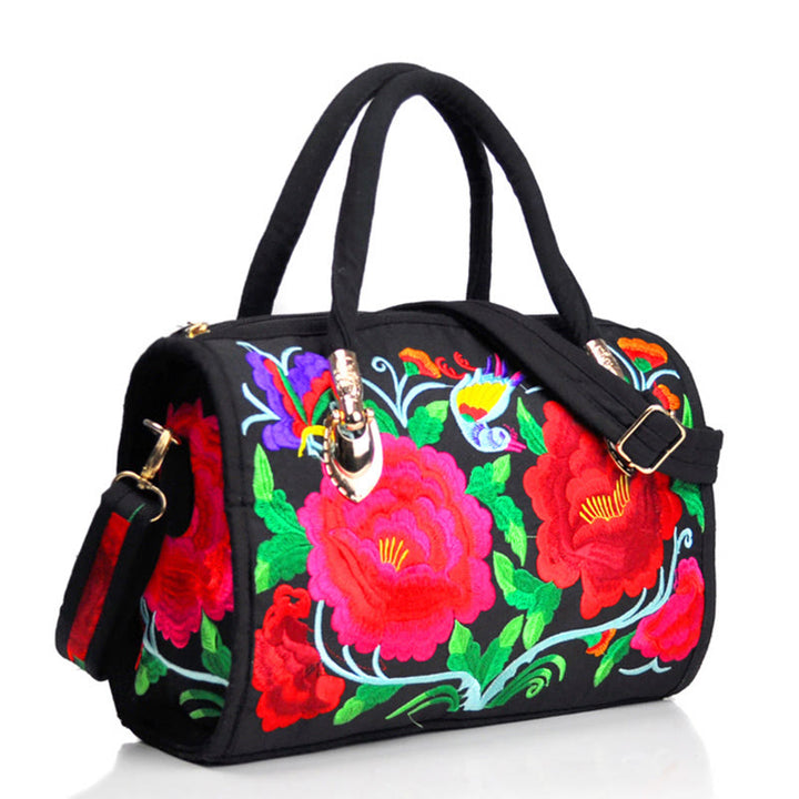 Bolso de mano tipo bandolera con bordado de doble cara de lona con diseño de árbol del dinero, peonías y camelias y piedras de Buddha Stones