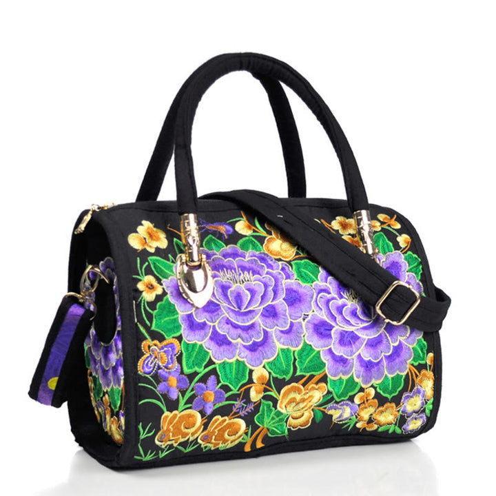 Bolso de mano tipo bandolera con bordado de doble cara de lona con diseño de árbol del dinero, peonías y camelias y piedras de Buddha Stones