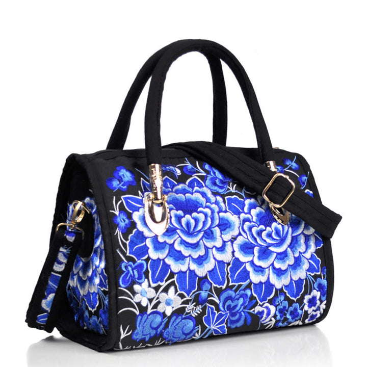 Bolso de mano tipo bandolera con bordado de doble cara de lona con diseño de árbol del dinero, peonías y camelias y piedras de Buddha Stones