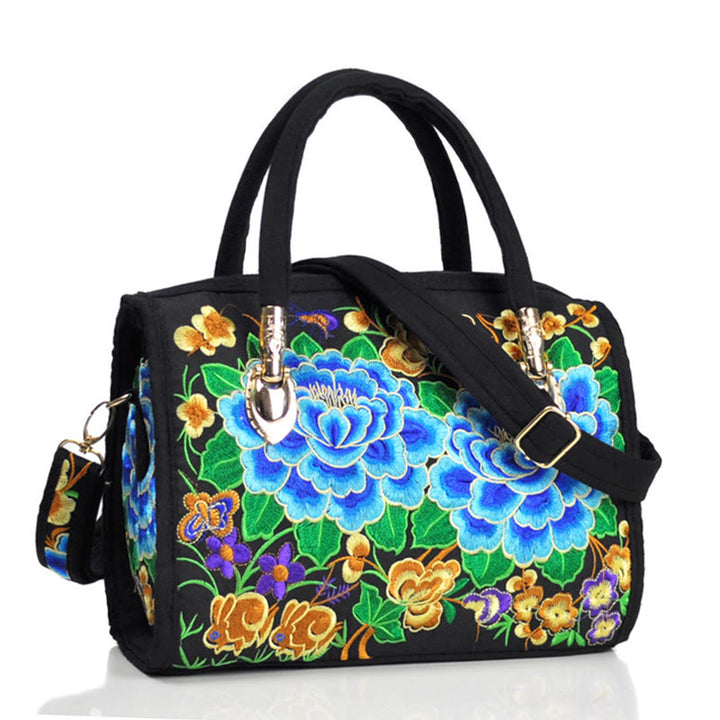 Bolso de mano tipo bandolera con bordado de doble cara de lona con diseño de árbol del dinero, peonías y camelias y piedras de Buddha Stones