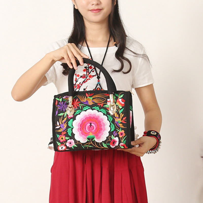 Bolso de mano tipo bandolera con bordado de doble cara de lona con diseño de árbol del dinero, peonías y camelias y piedras de Buddha Stones