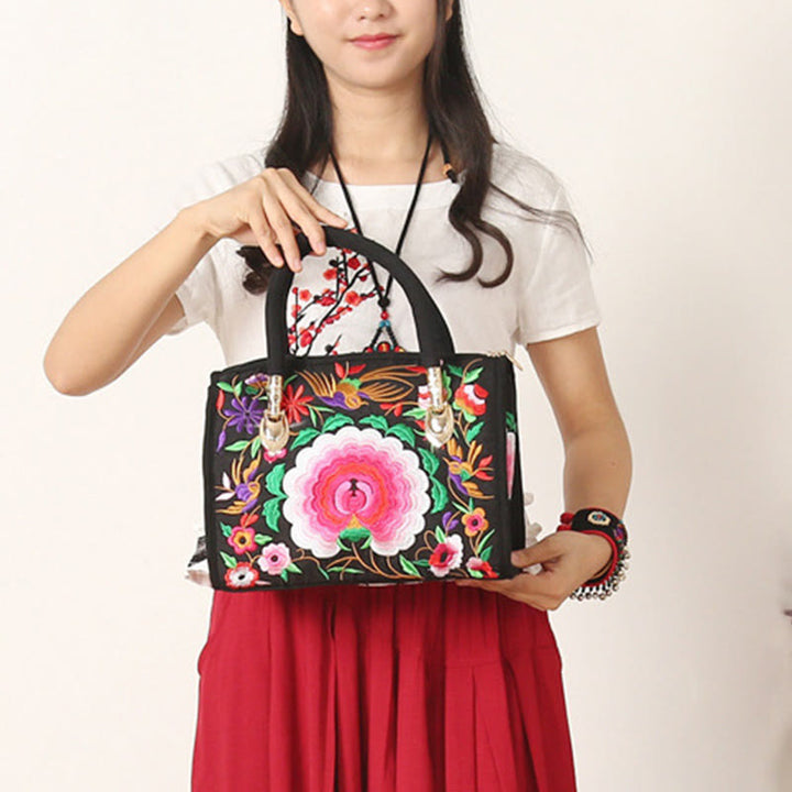 Bolso de mano tipo bandolera con bordado de doble cara de lona con diseño de árbol del dinero, peonías y camelias y piedras de Buddha Stones