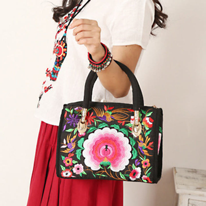 Bolso de mano tipo bandolera con bordado de doble cara de lona con diseño de árbol del dinero, peonías y camelias y piedras de Buddha Stones