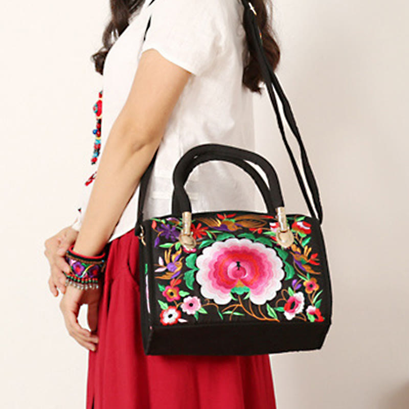 Bolso de mano tipo bandolera con bordado de doble cara de lona con diseño de árbol del dinero, peonías y camelias y piedras de Buddha Stones