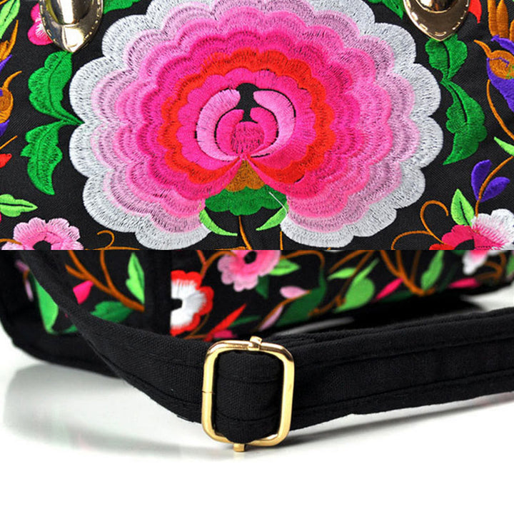 Bolso de mano tipo bandolera con bordado de doble cara de lona con diseño de árbol del dinero, peonías y camelias y piedras de Buddha Stones