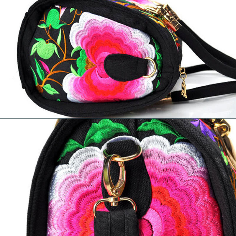 Bolso de mano tipo bandolera con bordado de doble cara de lona con diseño de árbol del dinero, peonías y camelias y piedras de Buddha Stones