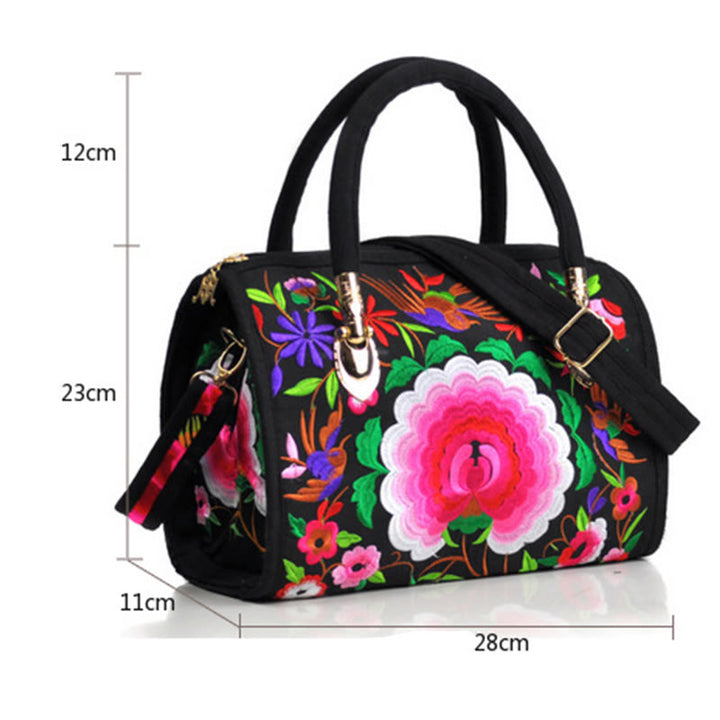 Bolso de mano tipo bandolera con bordado de doble cara de lona con diseño de árbol del dinero, peonías y camelias y piedras de Buddha Stones