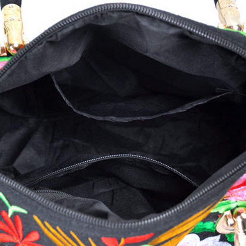 Bolso de mano tipo bandolera con bordado de doble cara de lona con diseño de árbol del dinero, peonías y camelias y piedras de Buddha Stones