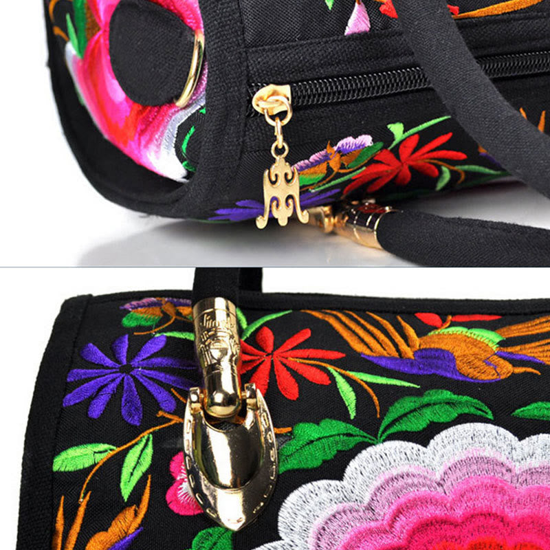 Bolso de mano tipo bandolera con bordado de doble cara de lona con diseño de árbol del dinero, peonías y camelias y piedras de Buddha Stones